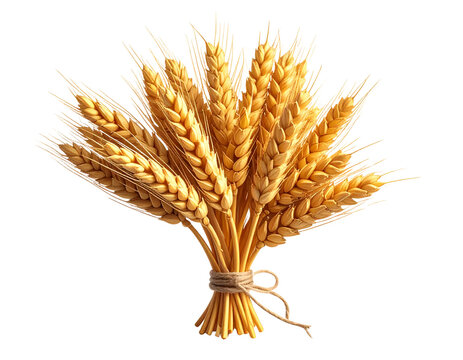 Bundle of Golden Wheat Stalks with Grain Heads Tied Together, Isolated on Transparent Background