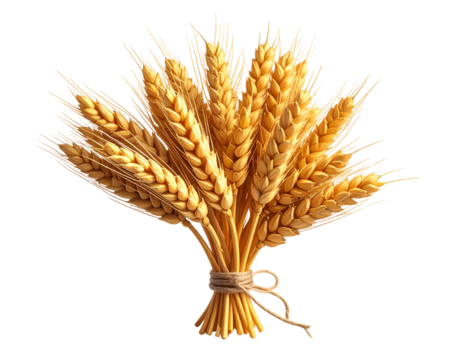 Bundle of Golden Wheat Stalks with Grain Heads Tied Together, Isolated on Transparent Background