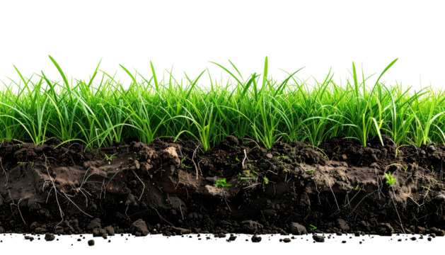 Fresh green grass atop dark soil profile