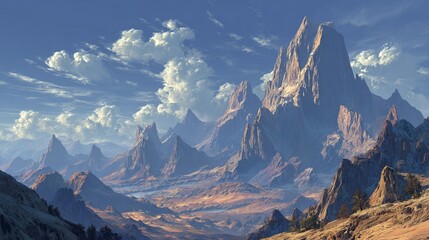 Majestic mountain range under a vast blue sky with dramatic clouds, evoking adventure and discovery