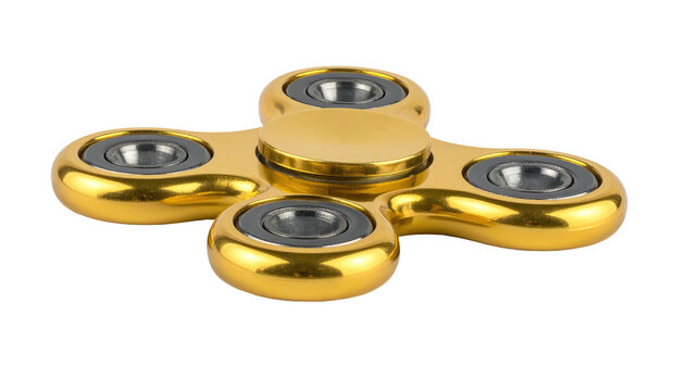 Gold-colored fidget spinner toy, black background