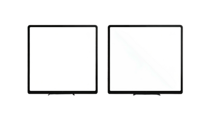 Two adjacent square tablets with blank, white screens