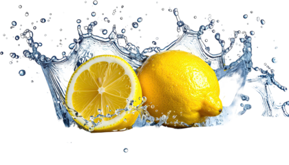 Lemon splash halved yellow lemon amidst a dynamic water burst