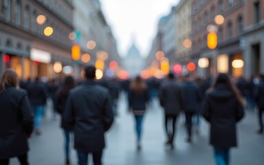 Fototapeta premium Panoramic view. Blurred abstract image of a crowd of anonymous people walking on busy city street. High quality