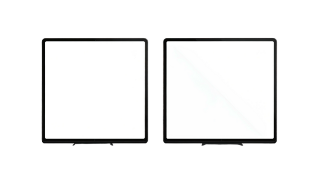Two adjacent square tablets with blank, white screens