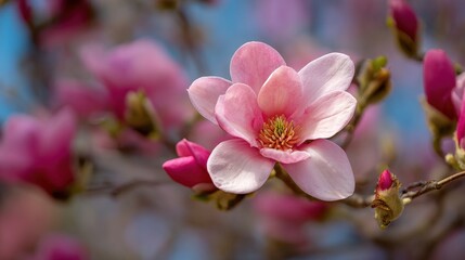 Obraz premium Soft pink magnolia flowers bloom gracefully on branches under the sun in springtime beauty.