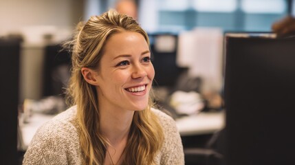 Fototapeta premium A young woman is smiling joyfully while engaging with colleagues in a lively office setting.