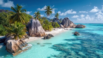 Soft waves lap against golden sand as palm trees sway gently in the tropical breeze on a sunny day.