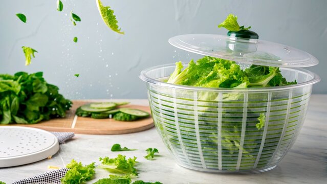 Fresh greens being washed and dried in a salad spinner in a modern kitchen setting with sliced cucumbers and lettuce