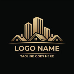Fototapeta premium Golden Real Estate Logo Design Concept for Business and Property Development Projects with Houses and Buildings in Elegant Style