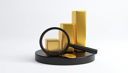 Golden bars, magnifying glass, and coins on black platform