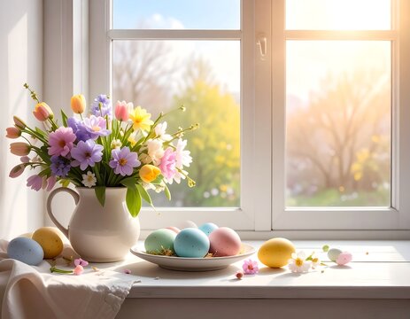 Colorful spring flowers and Easter eggs brighten a sunny windowsill