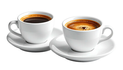 Two cups of coffee, one darker, sitting on white saucers