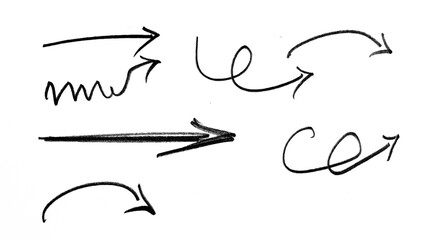 Charcoal hand drawn pencil arrows. Doodle curved chalk darts. Texture design elements of scribble lines. Vector illustration of hand painted crayon check lines.