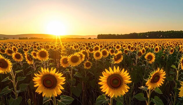 Field Of Sunflowers At Sunset With Golden Light And Blue Sky