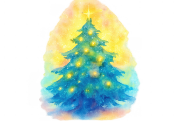 Christmas tree watercolor painting showing festive holiday season glow and a star on top with transparent background