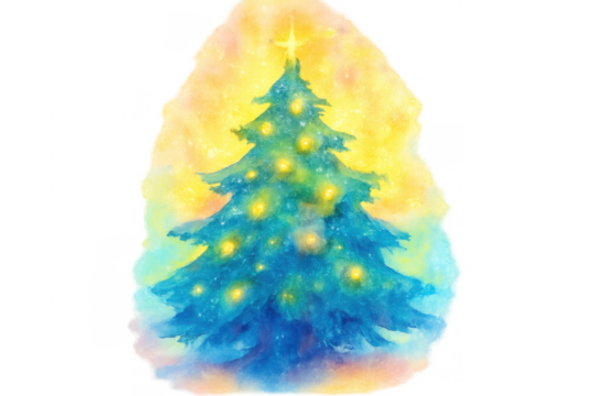 Christmas tree watercolor painting showing festive holiday season glow and a star on top with transparent background - Powered by Adobe