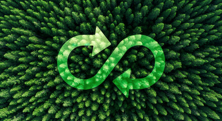 Aerial top-down view of a dense green forest with a bright green circular economy or recycling arrow symbol overlaid in the center