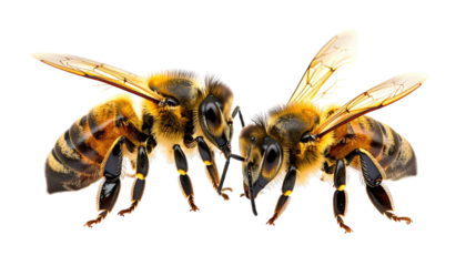 Two honeybees face each other, wings spread, on a black backdrop
