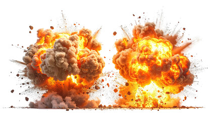 Twin fiery explosions with debris clouds against black backdrop