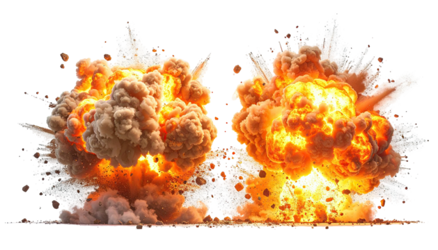 Twin fiery explosions with debris clouds against black backdrop