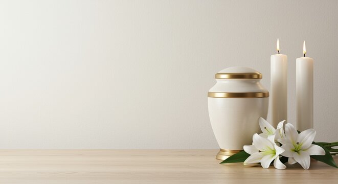 Mortuary urn with burning candles and lily flower on light background. Funeral concept.