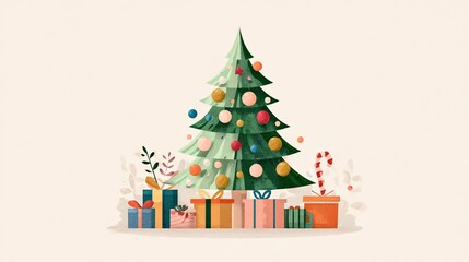 Cute pastel Christmas tree with gifts and candy canes, minimal holiday illustration, cozy festive background