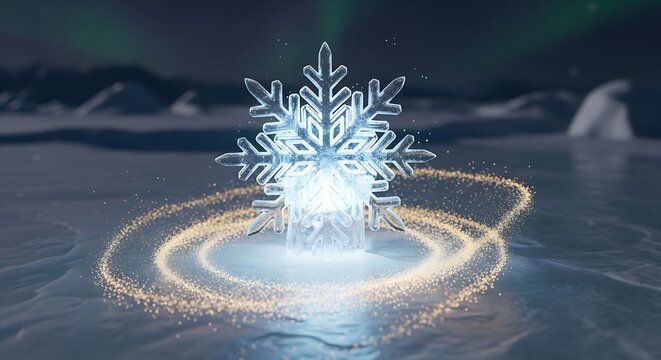 A luminous intricate snowflake hovers above a glowing magical portal on a frozen ethereal landscape