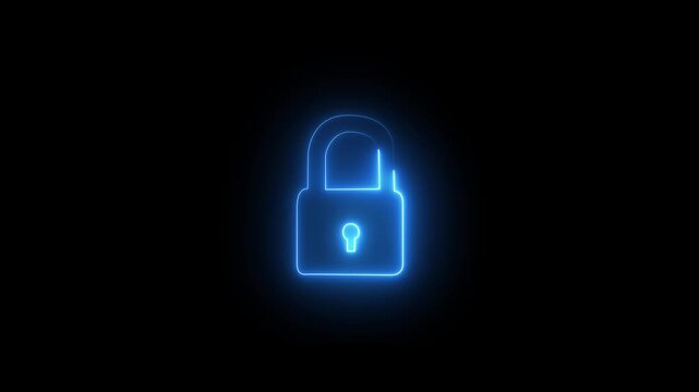 Neon lock icon Safety, security, privacy, password icon concept animation.safety security privacy password closed animation sign symbol on background....