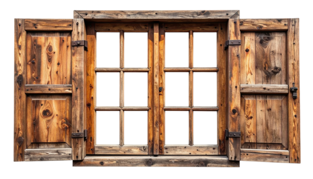 Rustic wooden window with open shutters