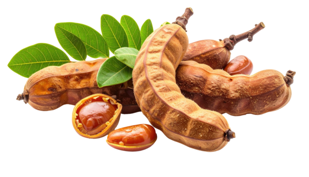 Tamarind pods and glossy seeds with green leaves, on black