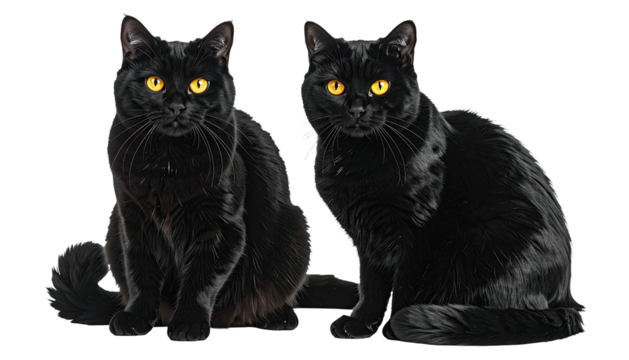 Two sleek black cats with piercing yellow eyes sit together
