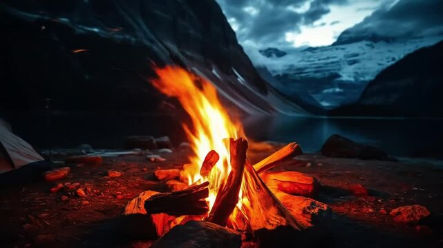 Camping by a peaceful lake with a cozy tent and a crackling campfire amidst majestic mountains. 4k video