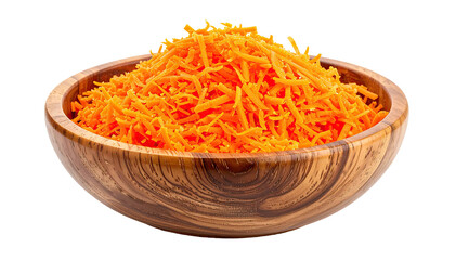 Grated carrots filling a wooden bowl