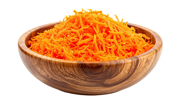 Grated carrots filling a wooden bowl