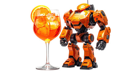 Orange robot stands beside wine glass of orange liquor, black BG