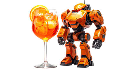 Orange robot stands beside wine glass of orange liquor, black BG
