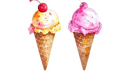 Two watercolor ice cream cones, each topped with a cherry