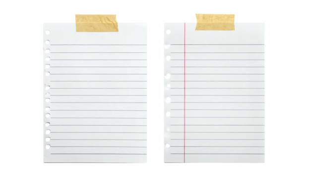 Two lined notebook pages taped against a black background