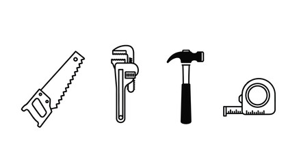 Simple black and white icons depicting common tools for home repair