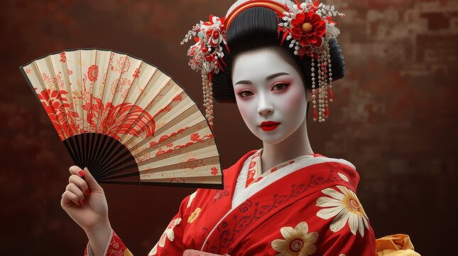 Beautiful geisha woman in traditional red kimono holding a fan