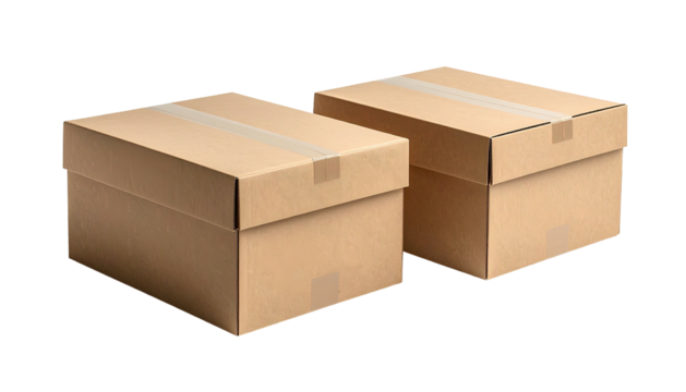 Two closed, taped brown cardboard boxes sitting against black