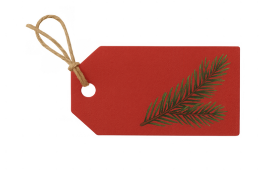 Red christmas gift tag with string and pine branch, blank label for festive holiday message or sale promotion