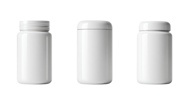 Three white plastic bottles with lids standing together arrangement of three identical white plastic containers