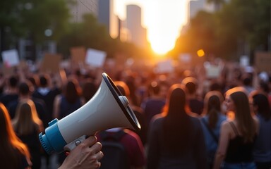 A hand holds a megaphone in the foreground, with a large group of people protesting in a city street at sunset. Signs are visible among the crowd. High quality