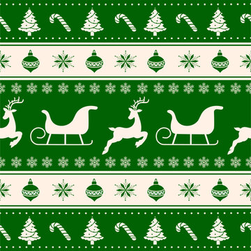 Fototapeta Classic green Christmas fair isle pattern with reindeer, sleigh, and snowflakes. Perfect for winter holiday textiles and festive decor.