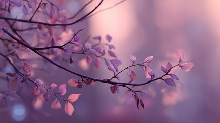 Delicate purple leaves on thin branches softly illuminated by dreamy bokeh background creating an ethereal, serene atmosphere.