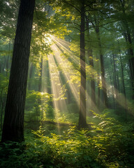 Obraz premium sunlight, forest, trees, nature, light rays, sunbeams, sunlight filtering, forest light, natural beauty, moody, serene, peaceful, calm, landscape, outdoors, morning light, dreamy, misty, ethereal, atm