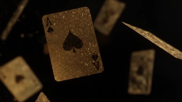 Gold playing cards whirl in dark air, one ace spade exposed, ornate back fading into dust. glinting