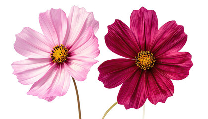 Two cosmos flowers, one pink, one red, with yellow centers